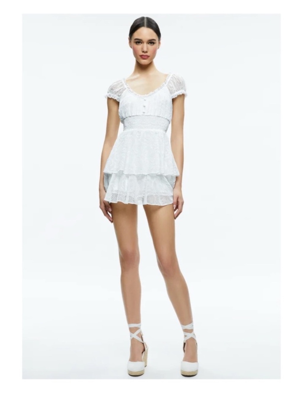 New! ALICE + OLIVIA Gracie Eyelet Lace Ruffle Dress Romper - Picture 2 of 9